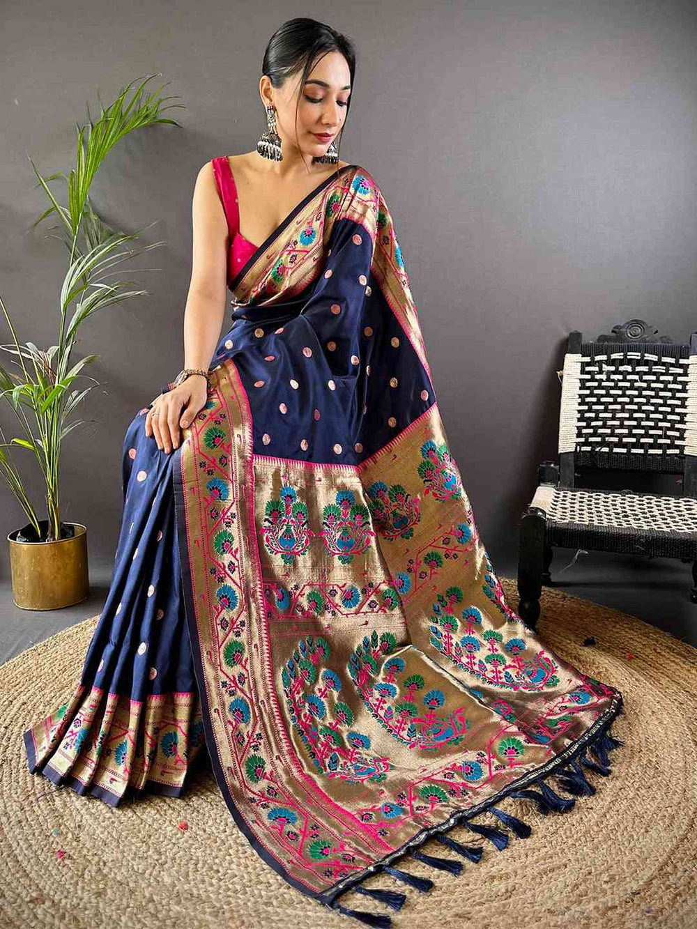 Navy Colour Yevla Paithani Soft Silk Saree