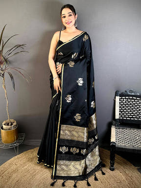 Black Bird Weaving Mashru Satin Saree