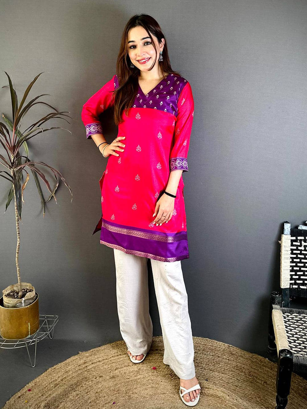 Opulent V Neck Soft Dola Ethnic Kurti