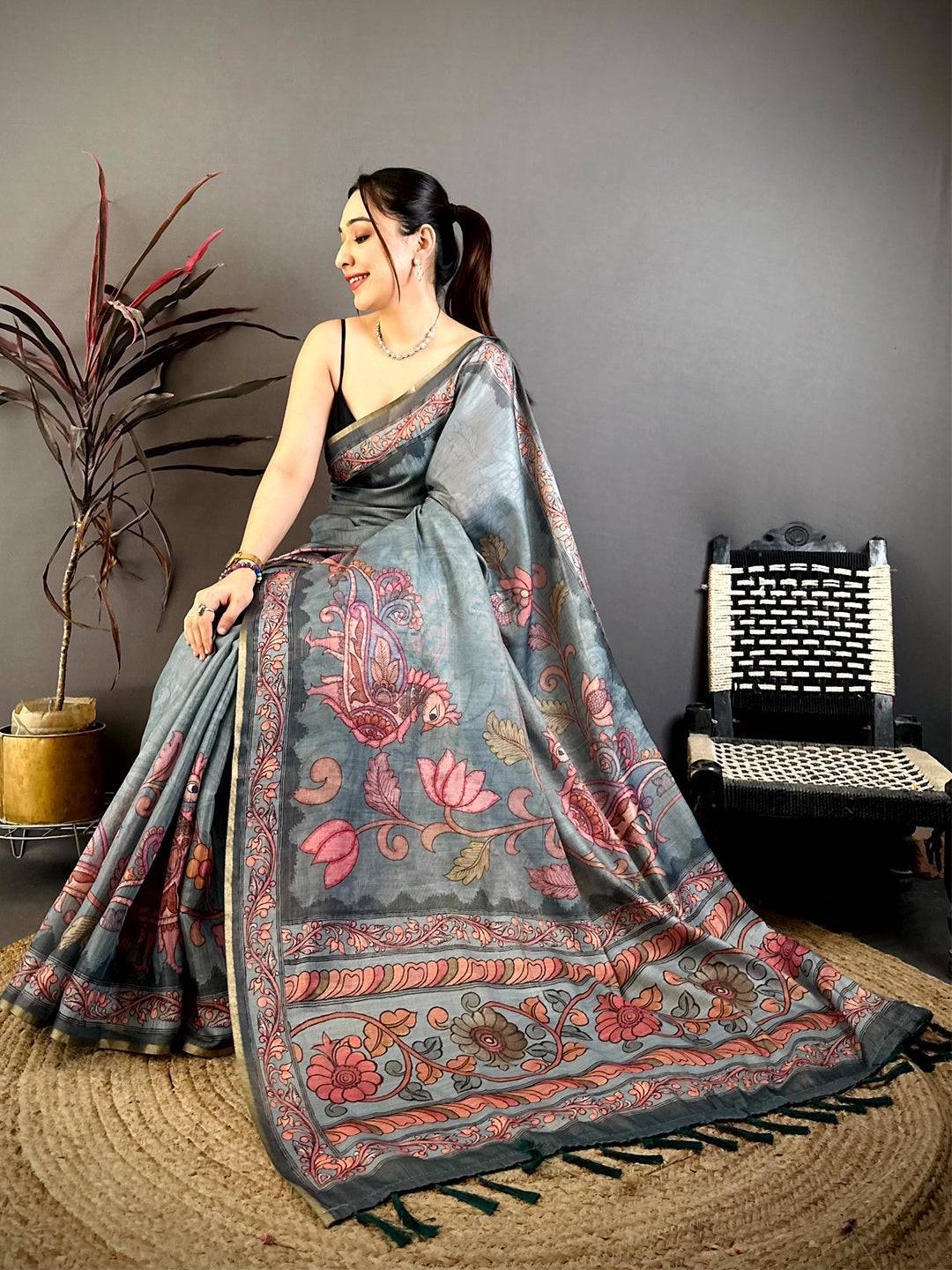 Slate Blue Vintage Pen Kalamkari Chanderi Saree
