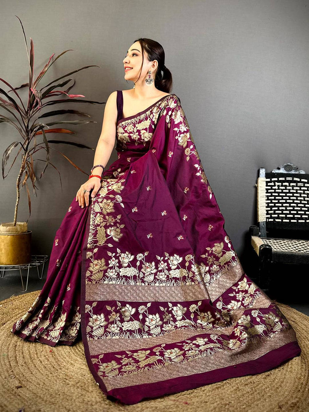 Dark Purple Soft Silk Kanjivaram Saree with Gold Floral Embroidery