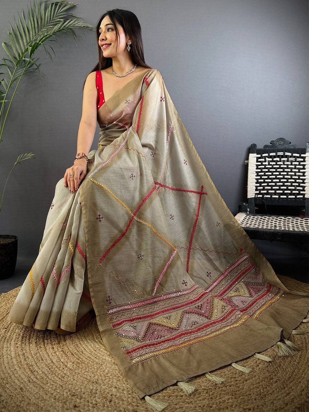 Pure Katha Stitch Tussar Silk Saree