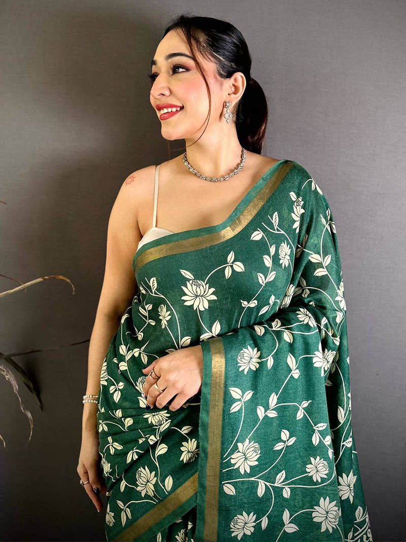 Green Leaf Printed Mul Cotton Saree