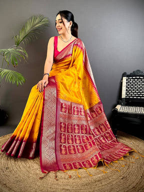 Yellow Crystal Raw Silk Kanchi Pattu Saree

