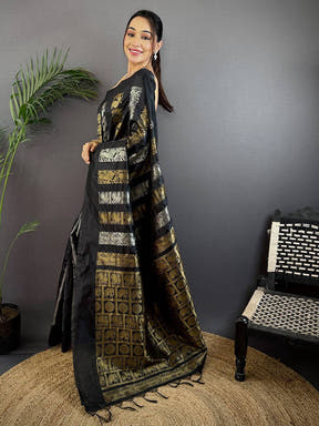 Black Soft Silk Sona Chandi Zari Weaving Saree
