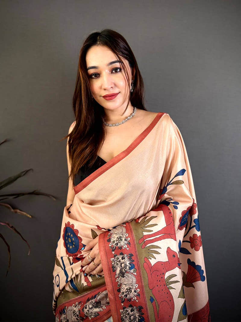 Stylish Cream Printed Soft Tussar Saree