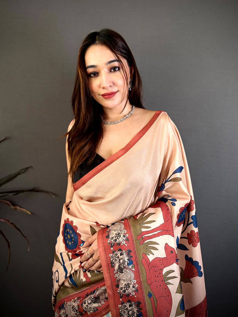 Stylish Cream Printed Soft Tussar Saree
