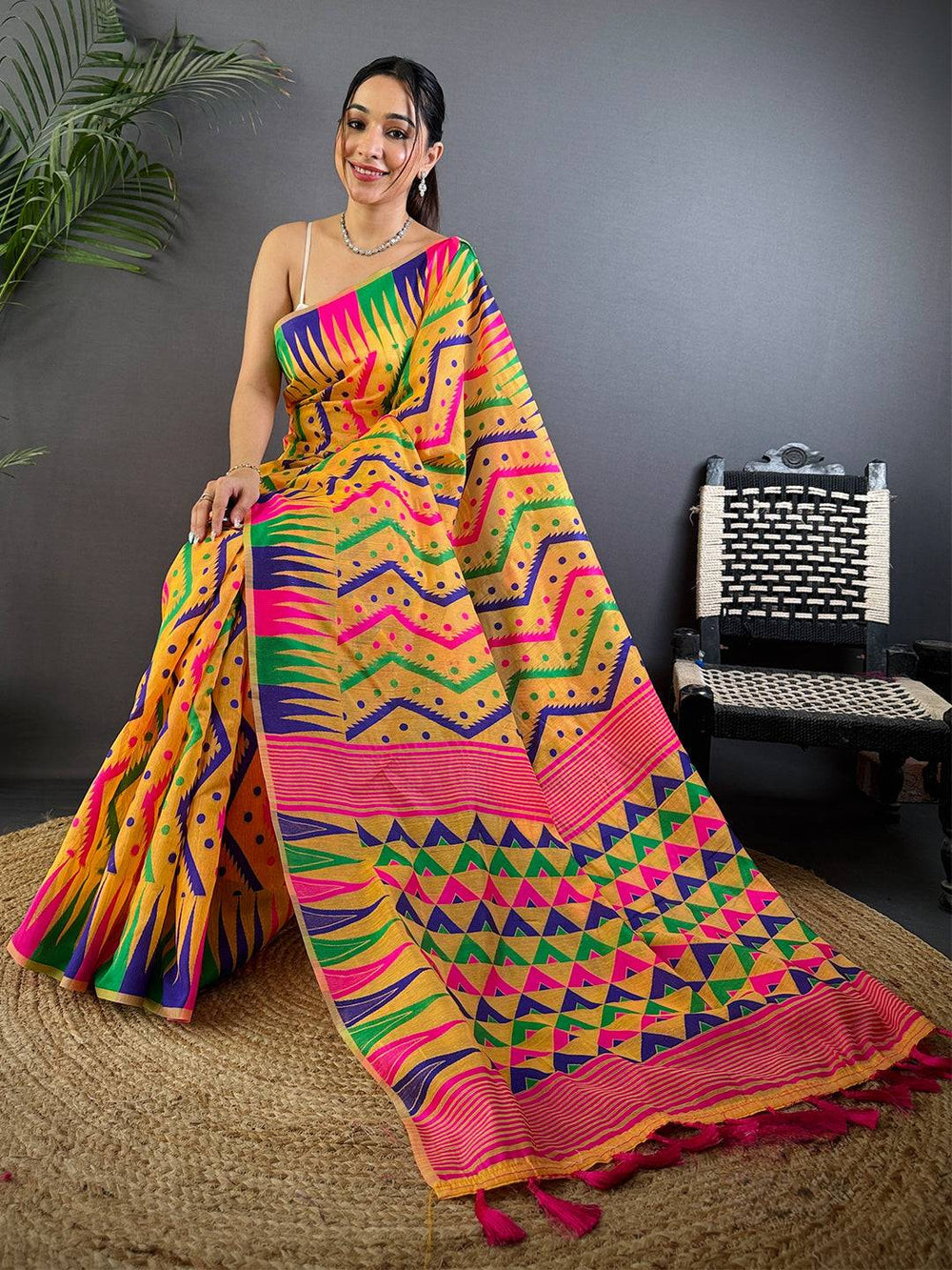 Mustard Yellow Dhakai Cotton Jamdani Saree