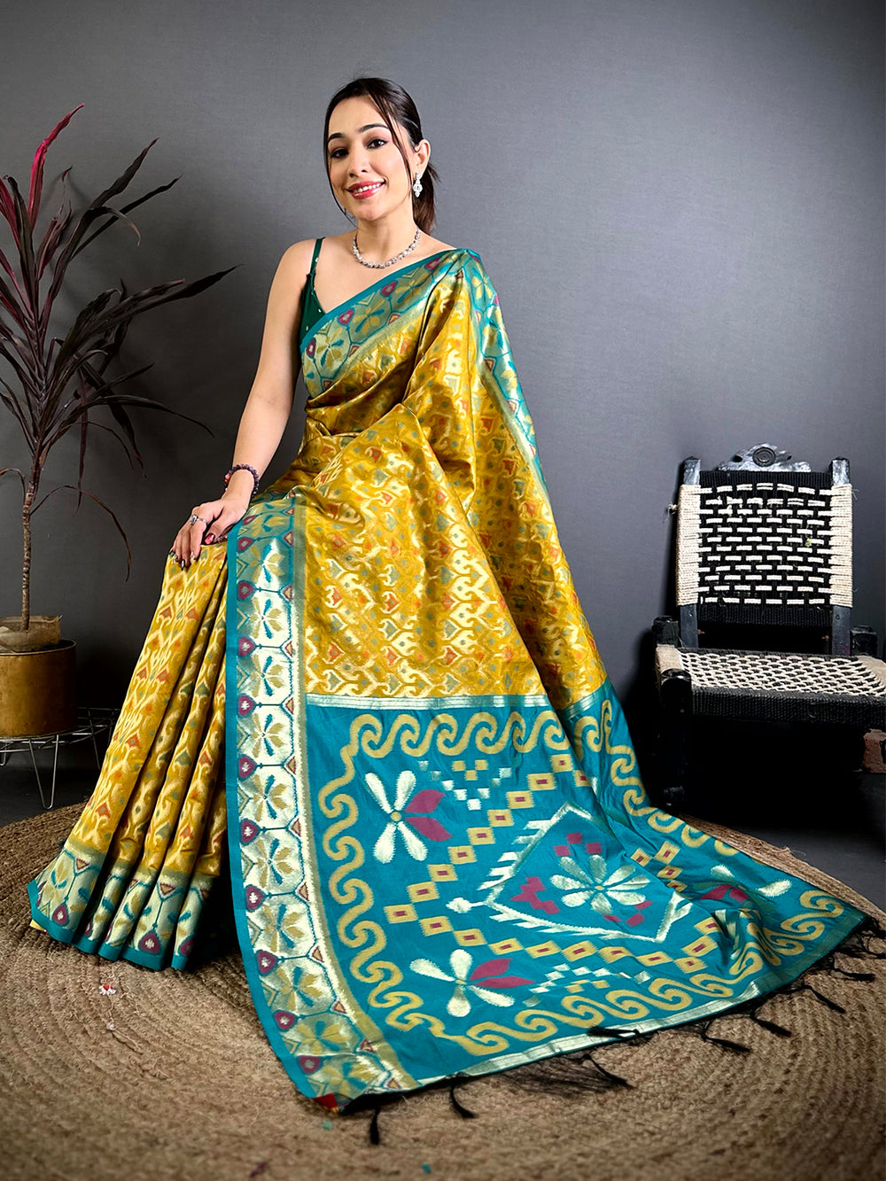 Opulent Gold Ikkat Soft Silk Saree


