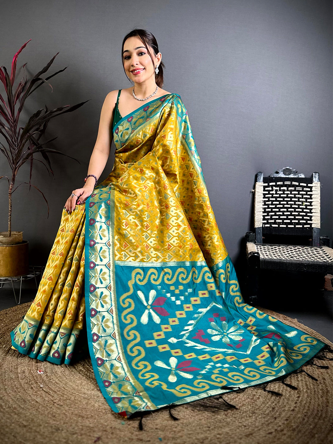 Opulent Gold Ikkat Soft Silk Saree



