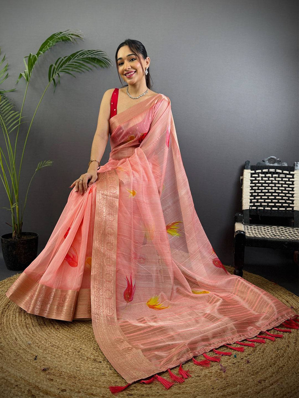 Blush Pink Soft Organza Digital Print Saree