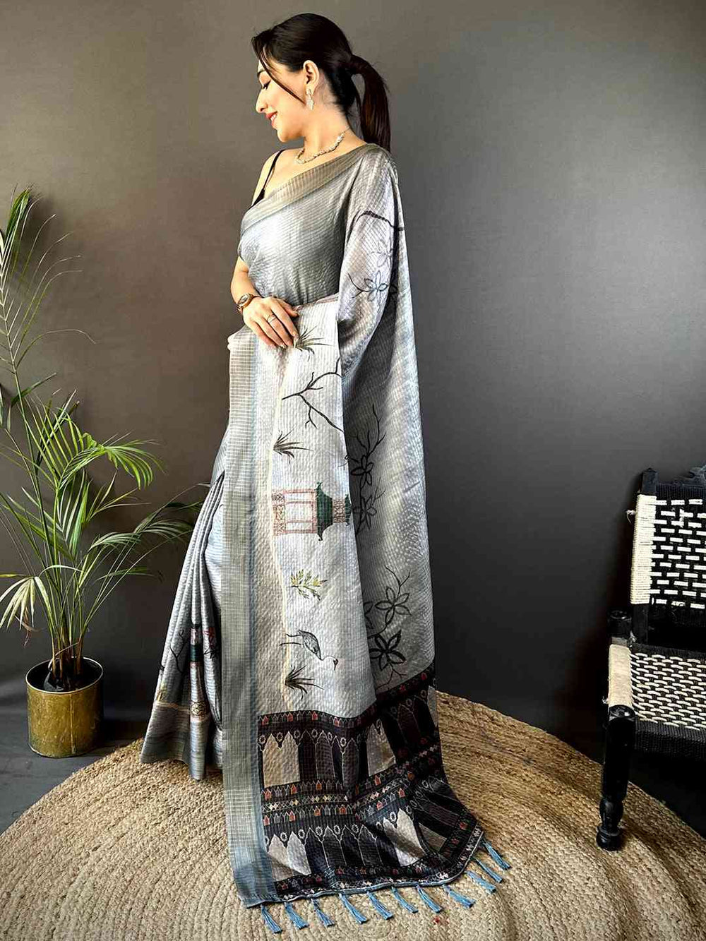 Slate Grey Tissue Chanderi Japanese Print Saree