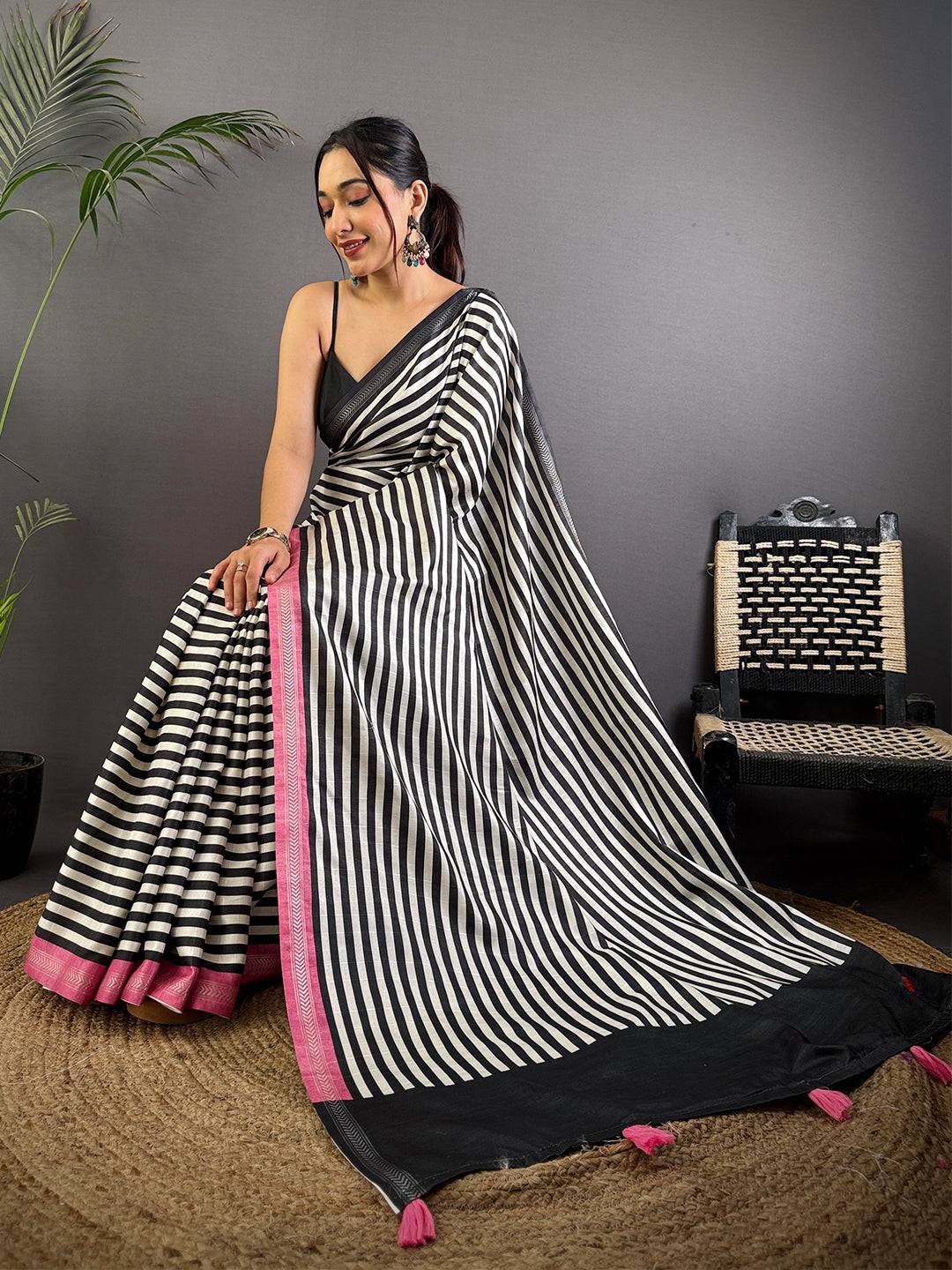 Tussar Ghicha Silk Striped Printed Saree

