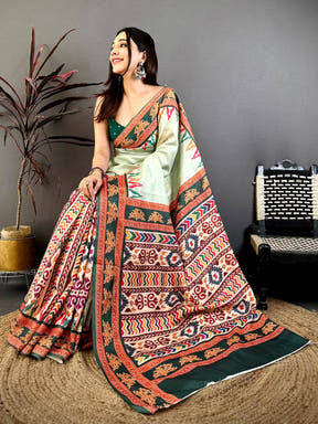 Pista Tanjore Ikkar Digital Tussar Saree