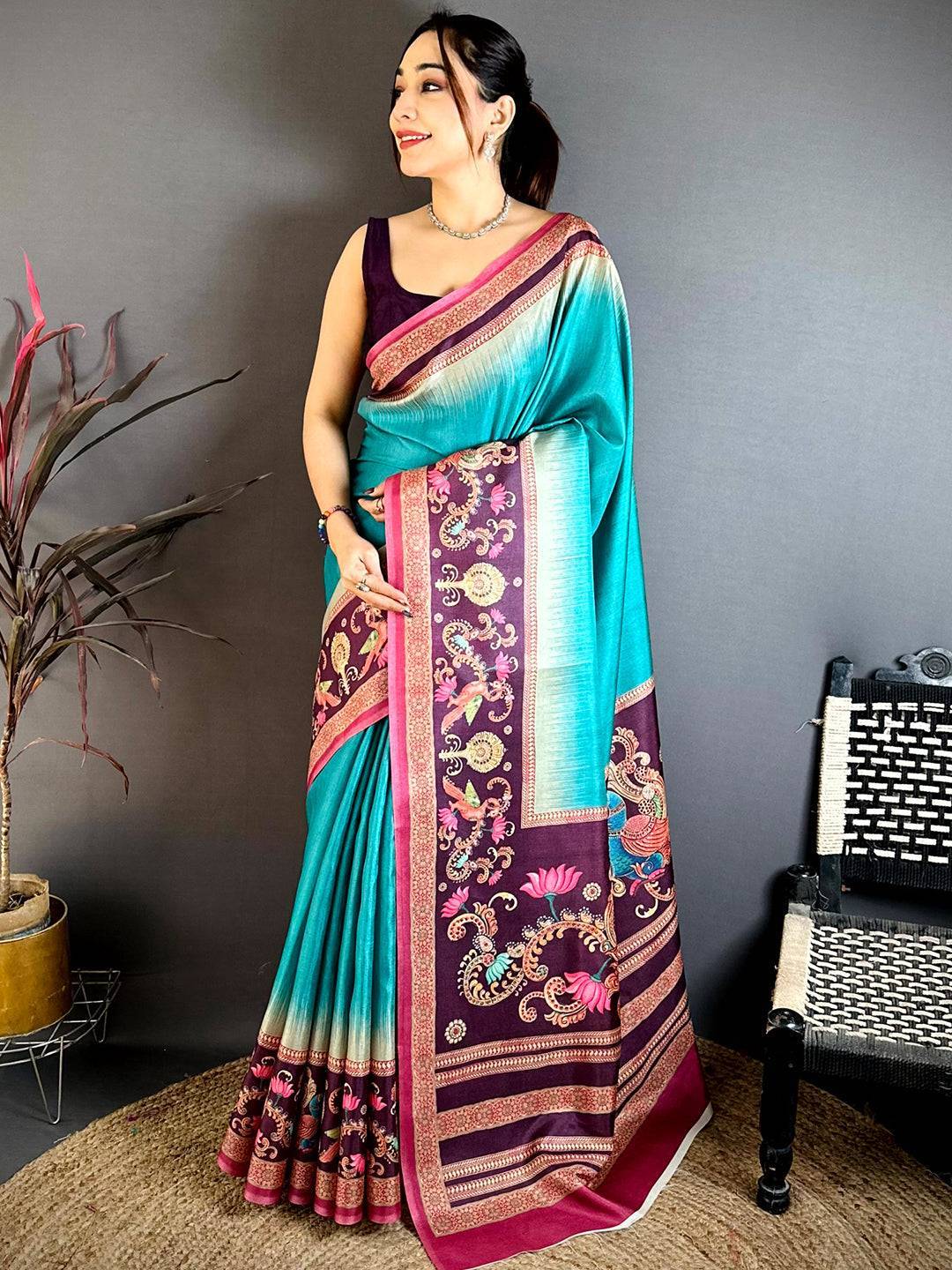 Teal Green Pen Kalamkari Saree