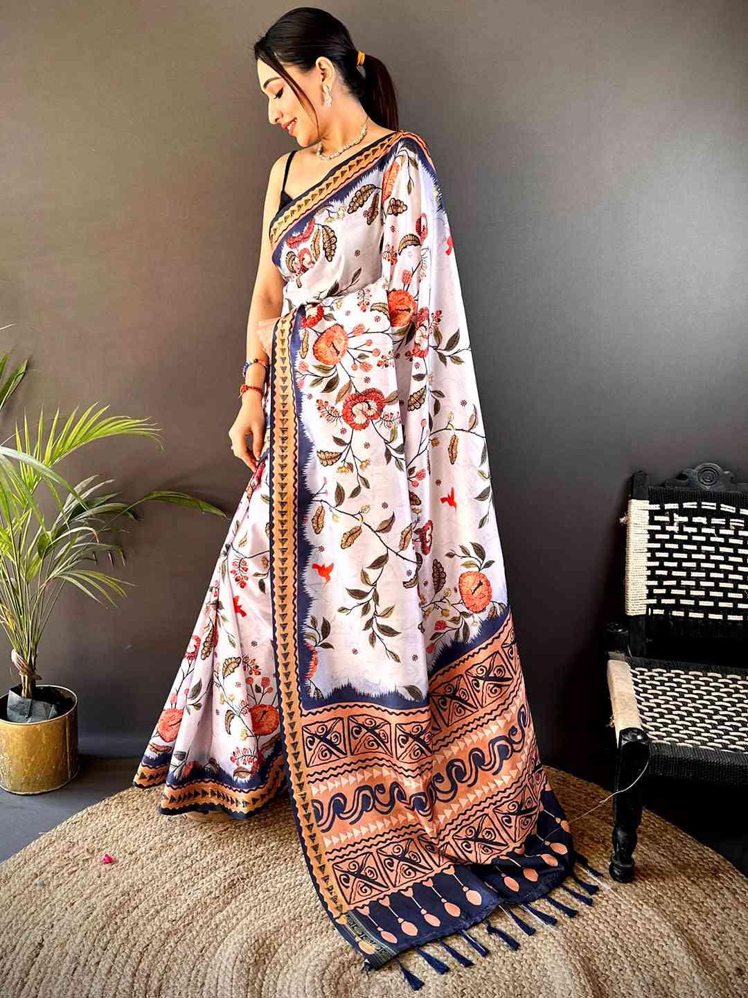  Off White Soft Silk Floral Saree Online in India