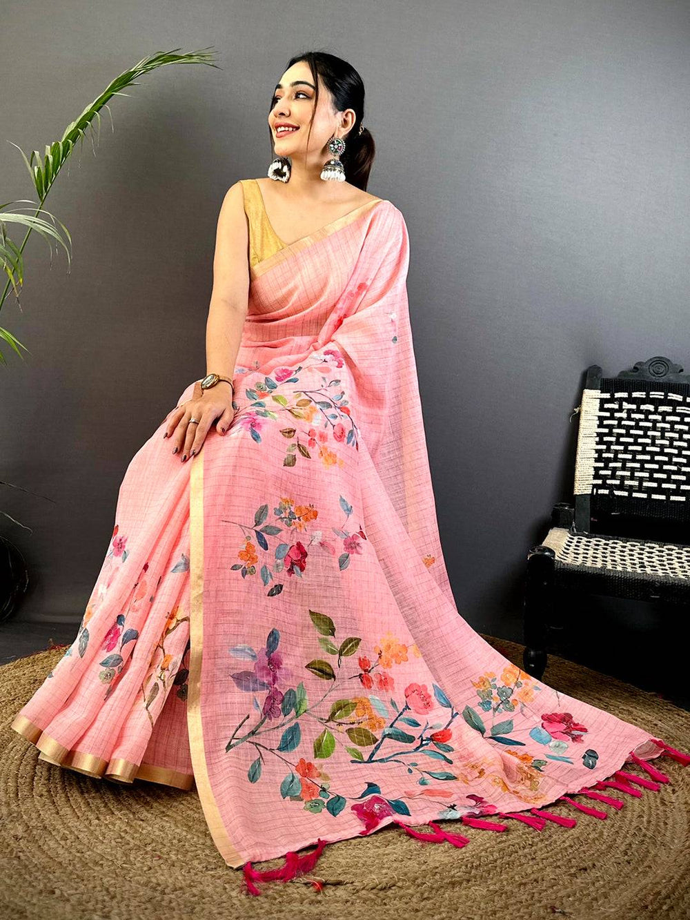 Rose Pink Linen Chex Floral Saree