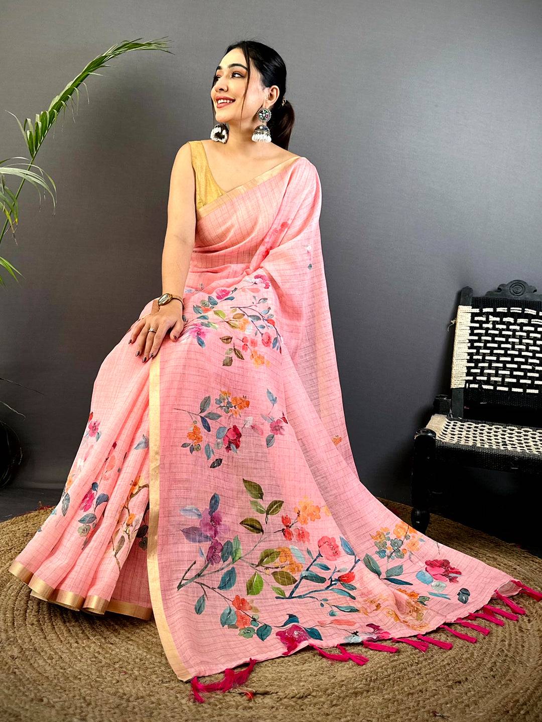 Rose Pink Linen Chex Floral Saree
