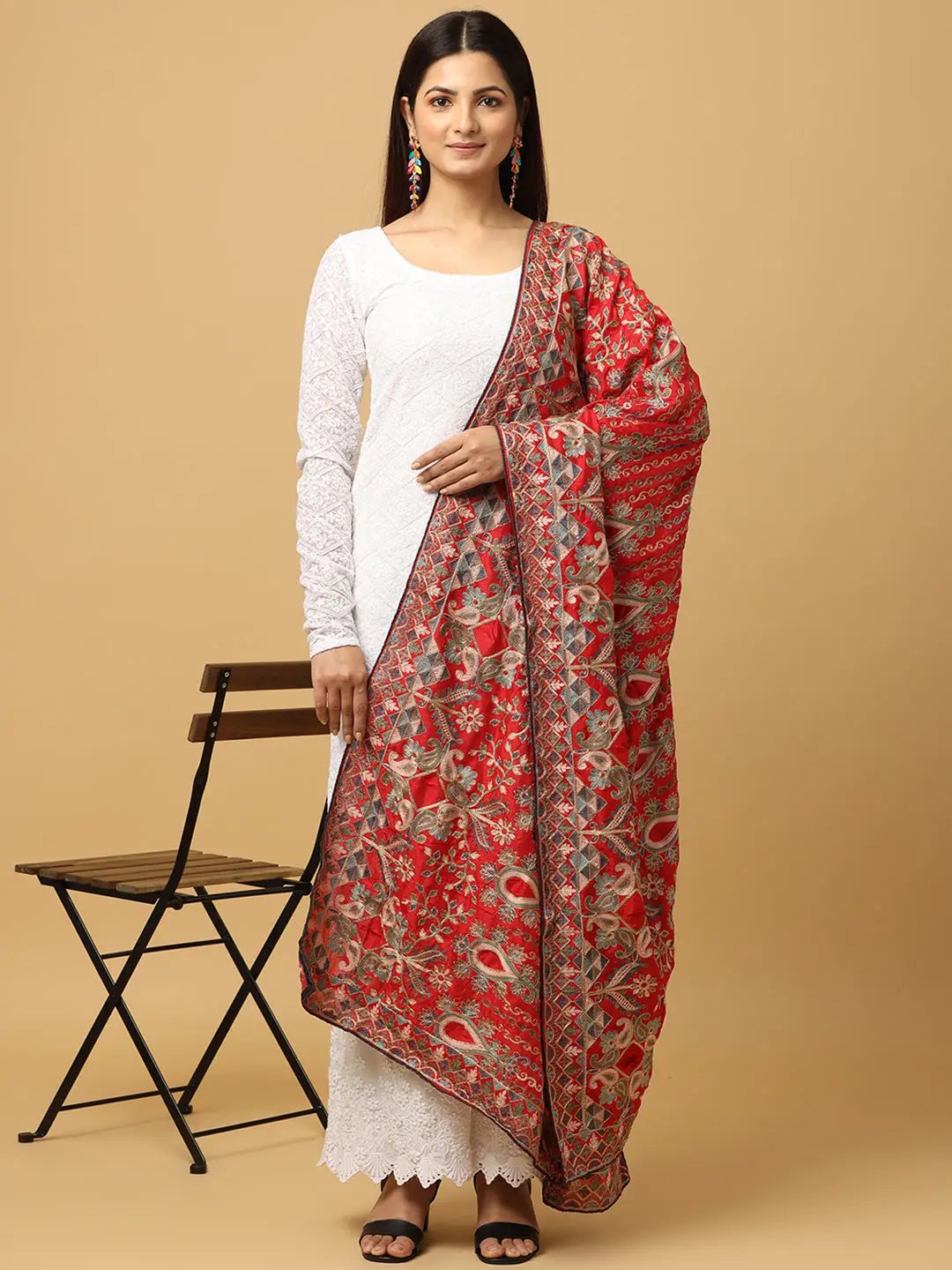 Elegant red pashmina dupatta with detailed embroidery
