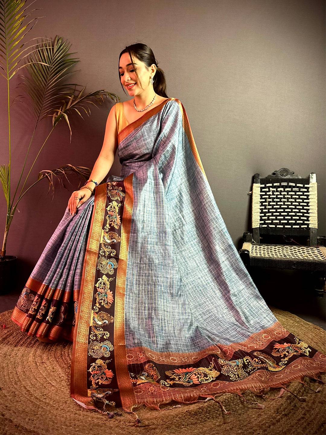 Regal Tanjore Art Khadi Semi Silk Saree