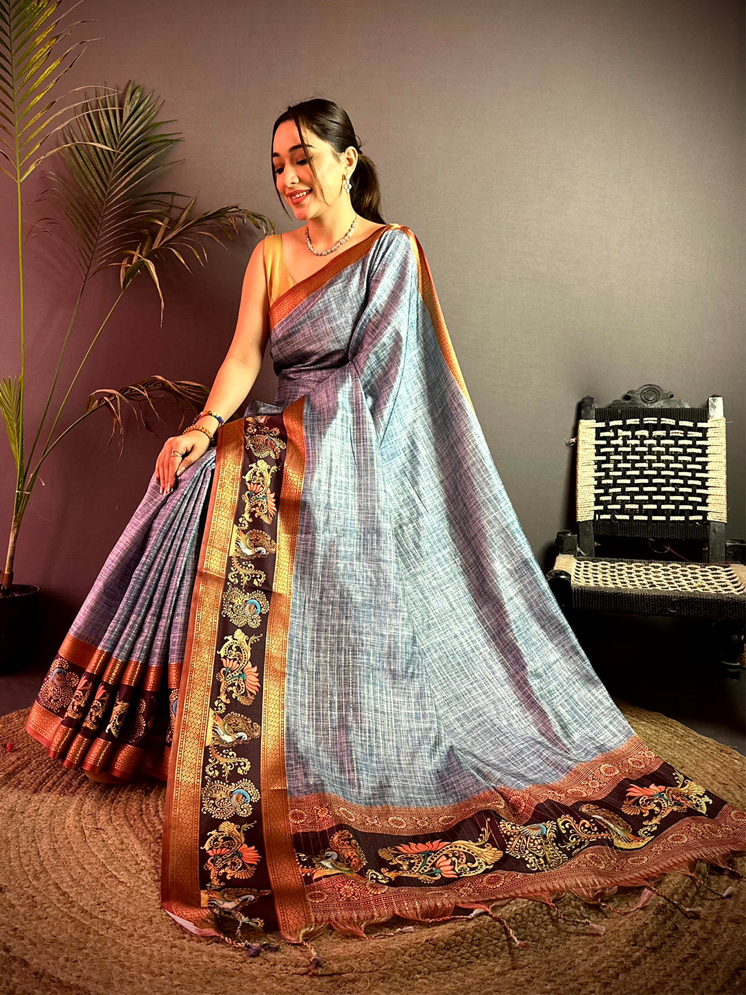 Regal Tanjore Art Khadi Semi Silk Saree