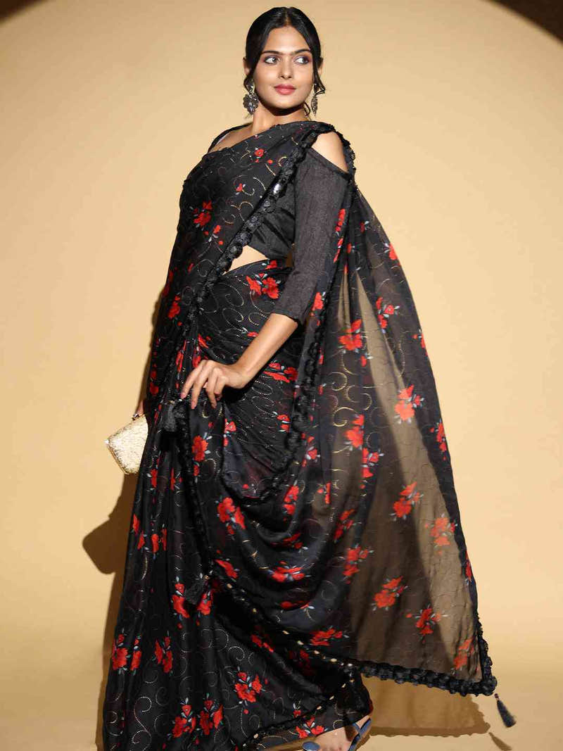 Satin Black Colour Party Wear Design Saree