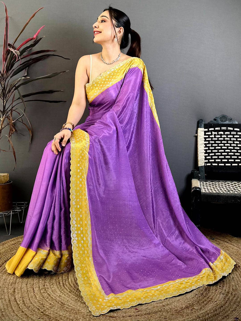 Purple Poly Chiffon Diamond Stone Work Saree