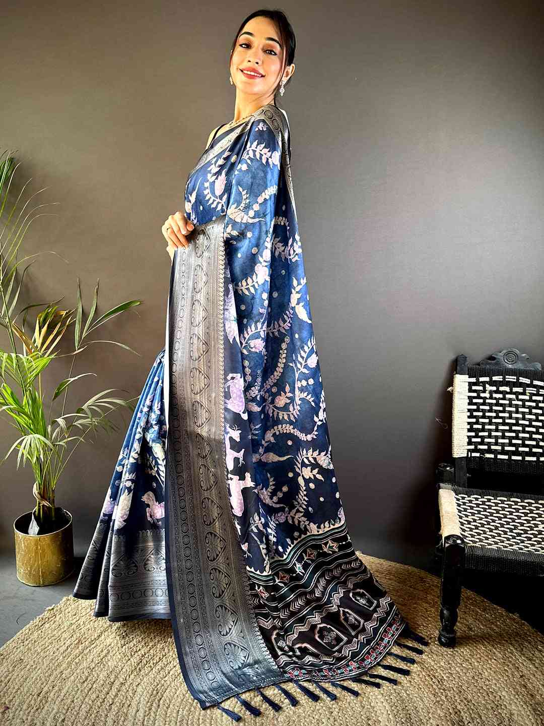 Blue Floral Animal Batik Soft Silk Saree