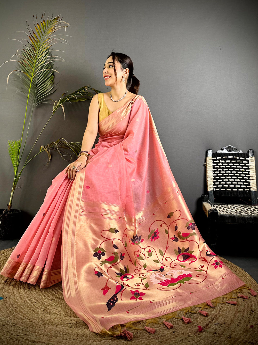 Peach Swan Minakari Linen Saree