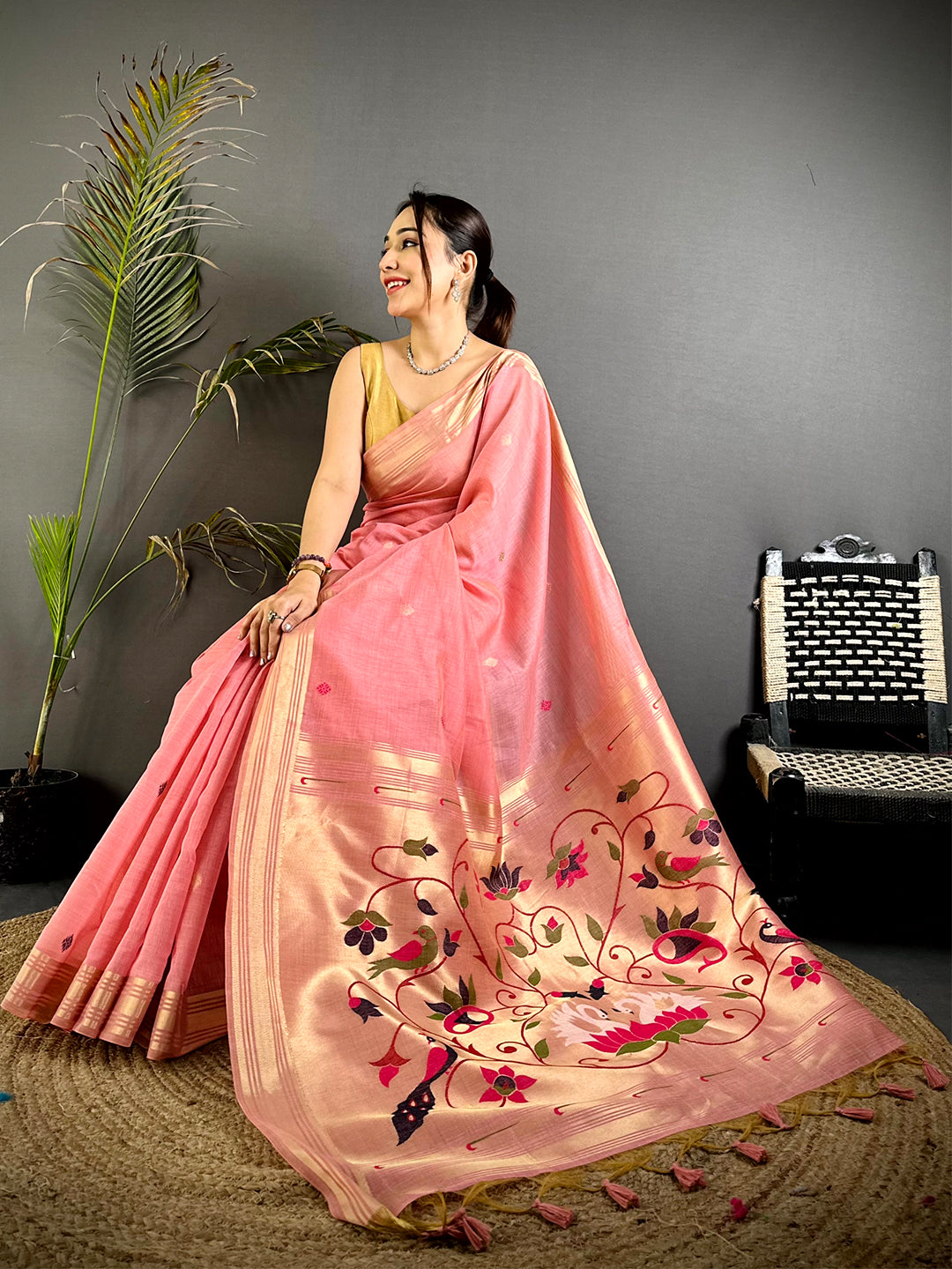 Peach Swan Minakari Linen Saree