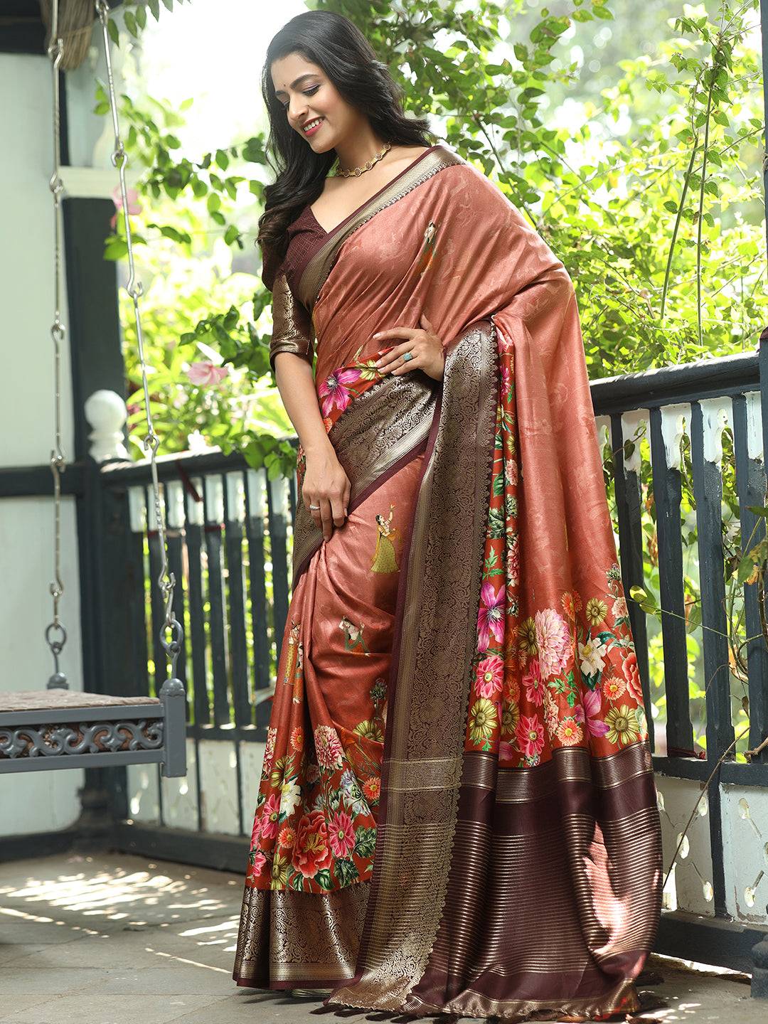 Brown Colour Pure Viscose Dola Silk Saree With Floral Print