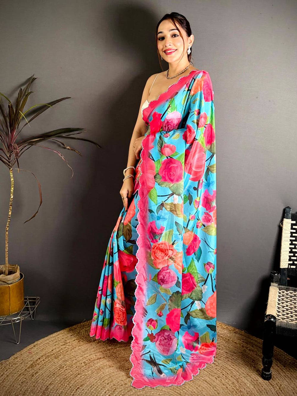 Sky Blue Chinnon Embroidered Border Saree