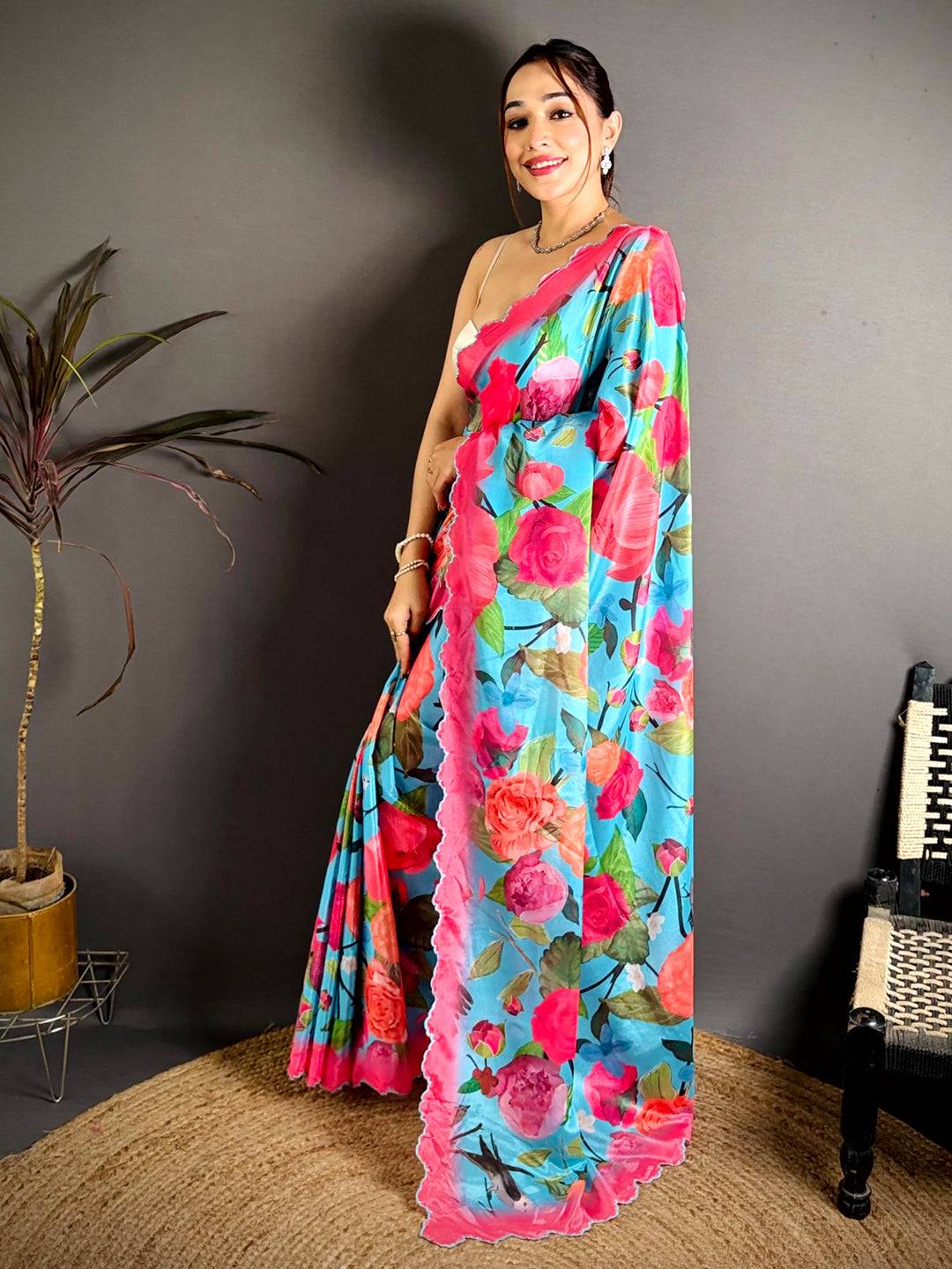 Sky Blue Chinnon Embroidered Border Saree