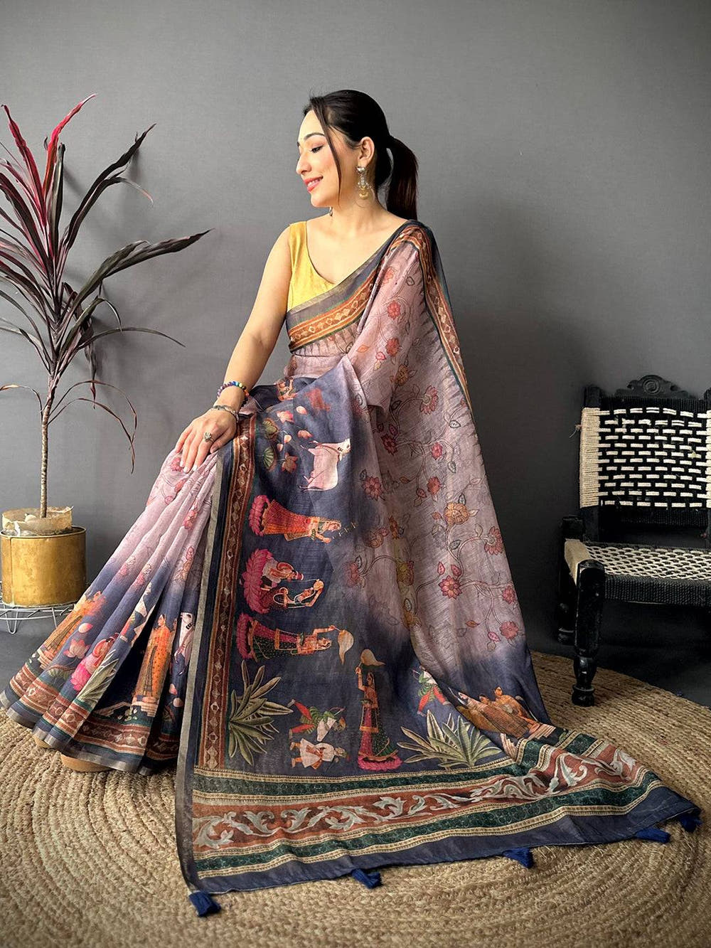Tradition Pen Kalamkari Digital Linen Saree


