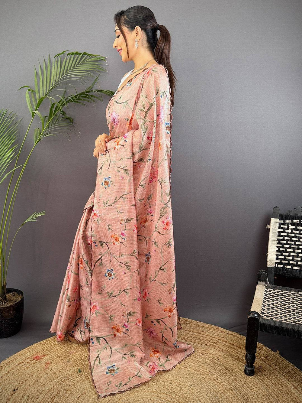 Peach Soft Kota Floral Print Saree