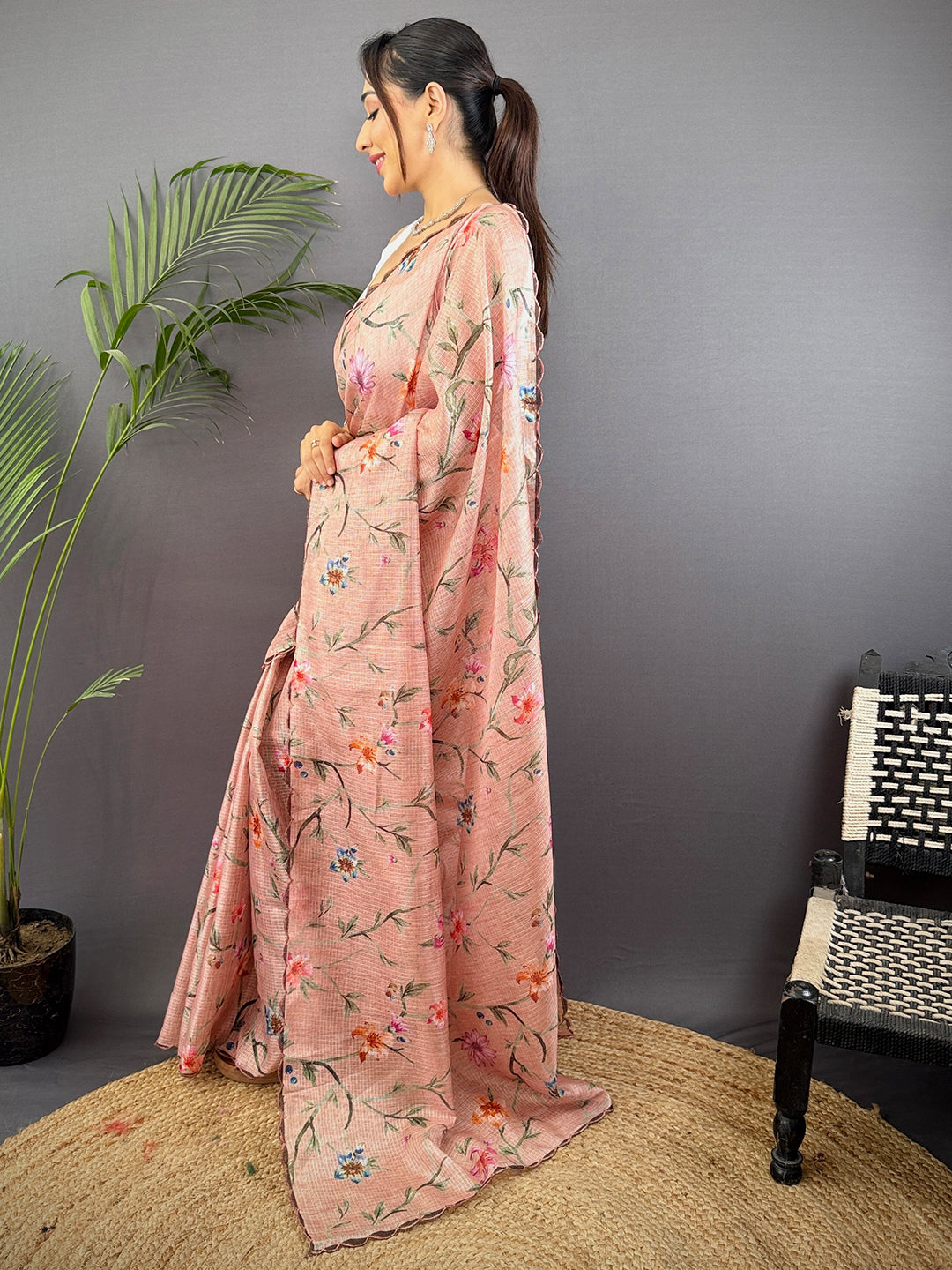 Peach Soft Kota Floral Print Saree