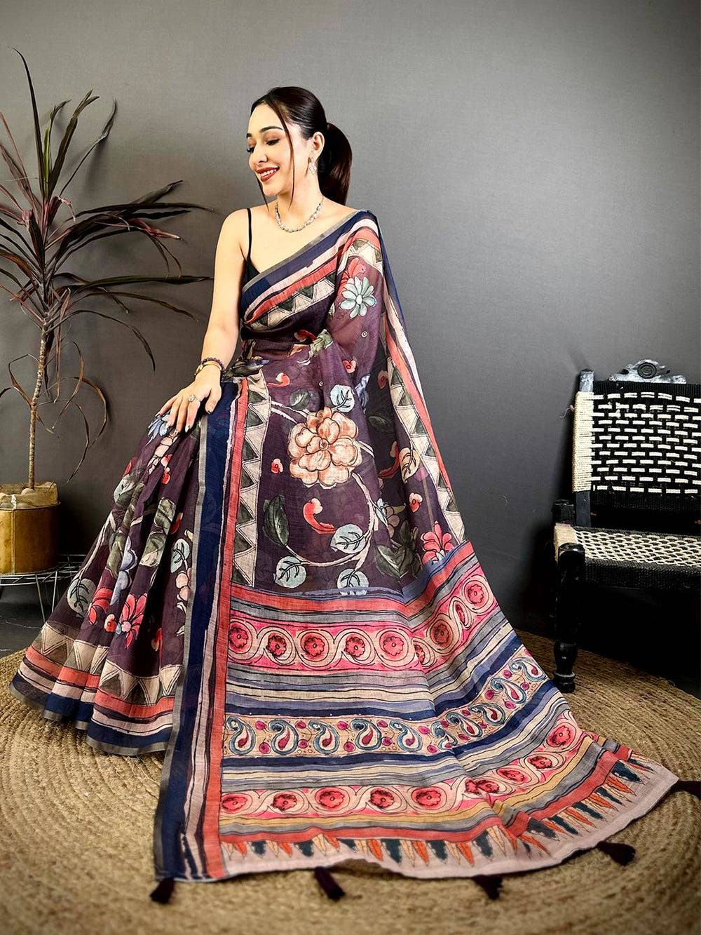 Purple Free Hand Floral Linen Saree