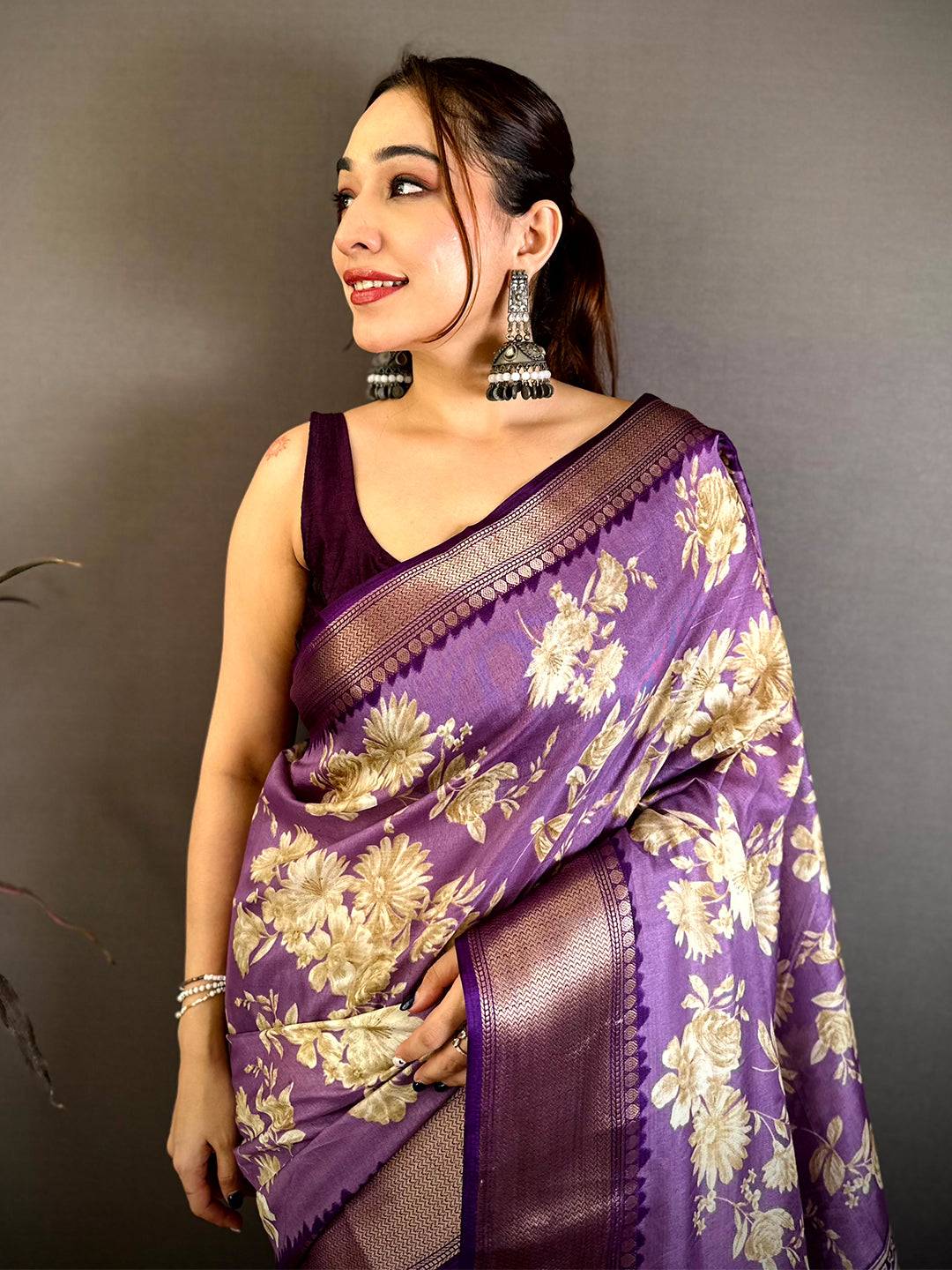 Lavender Dola Big Floral Zari Kanchi Saree