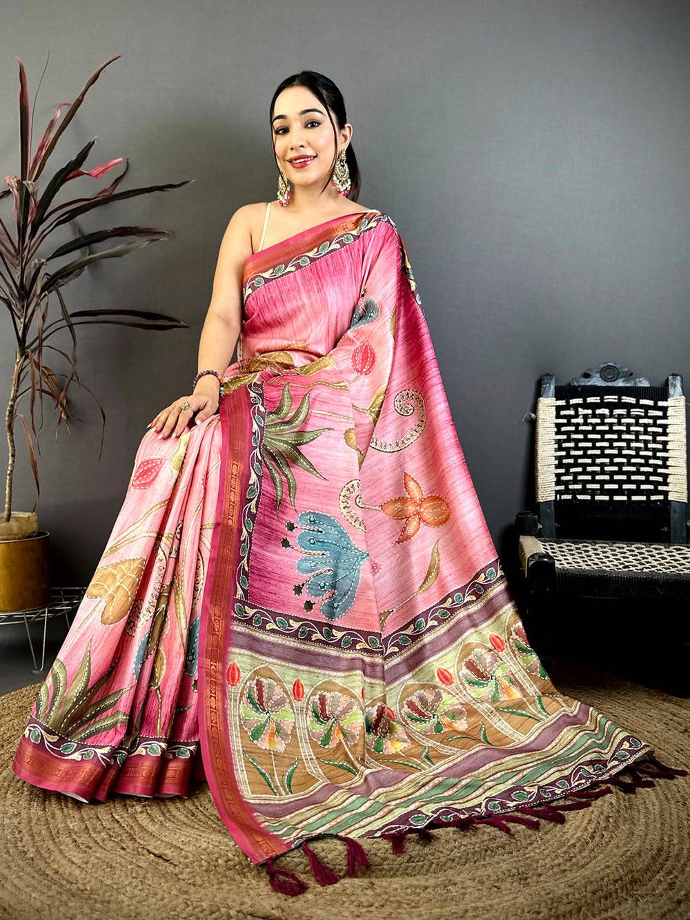 Vibrant Rudraksh Border Floral Silk Saree