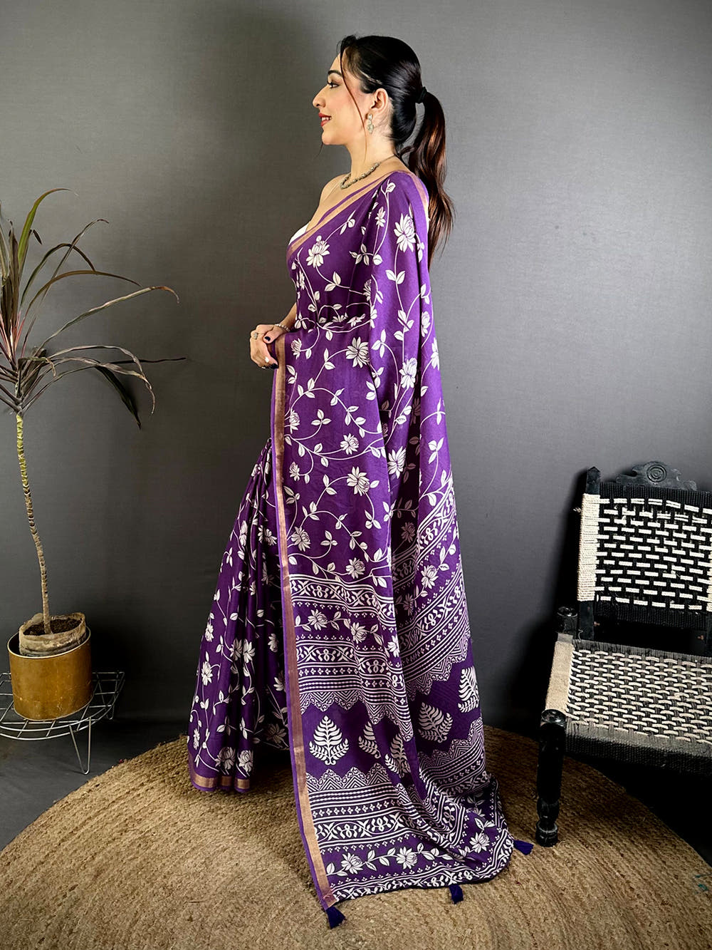 Purple Leaf Printed Mul Cotton Saree