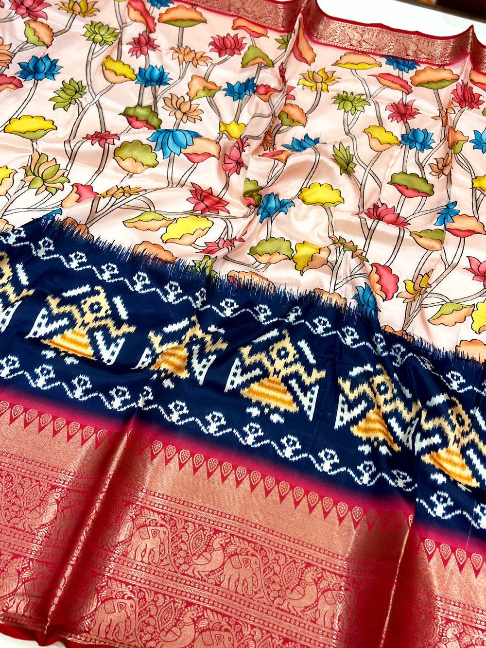 Light Peach Floral Banarasi Silk Saree