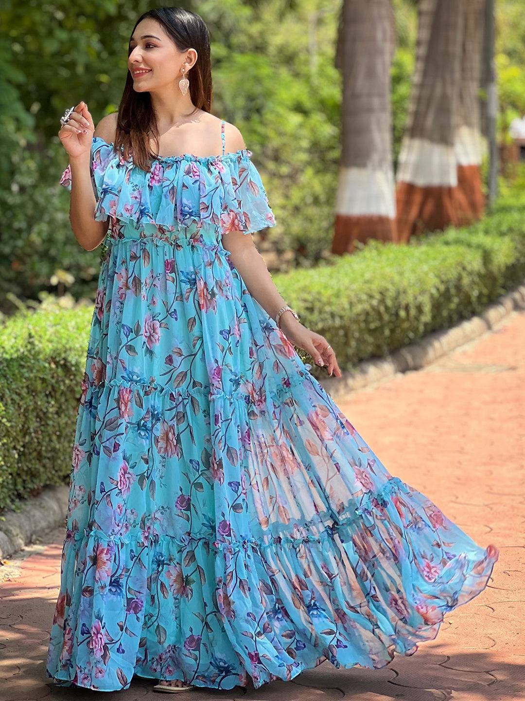 Tropical Breeze Blue Floral Maxi Dress New Collection