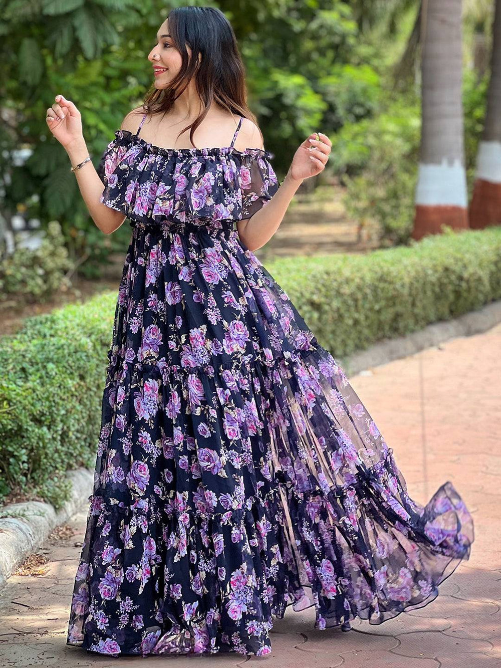 Floral off-shoulder dress with ruffle neck in garden setting