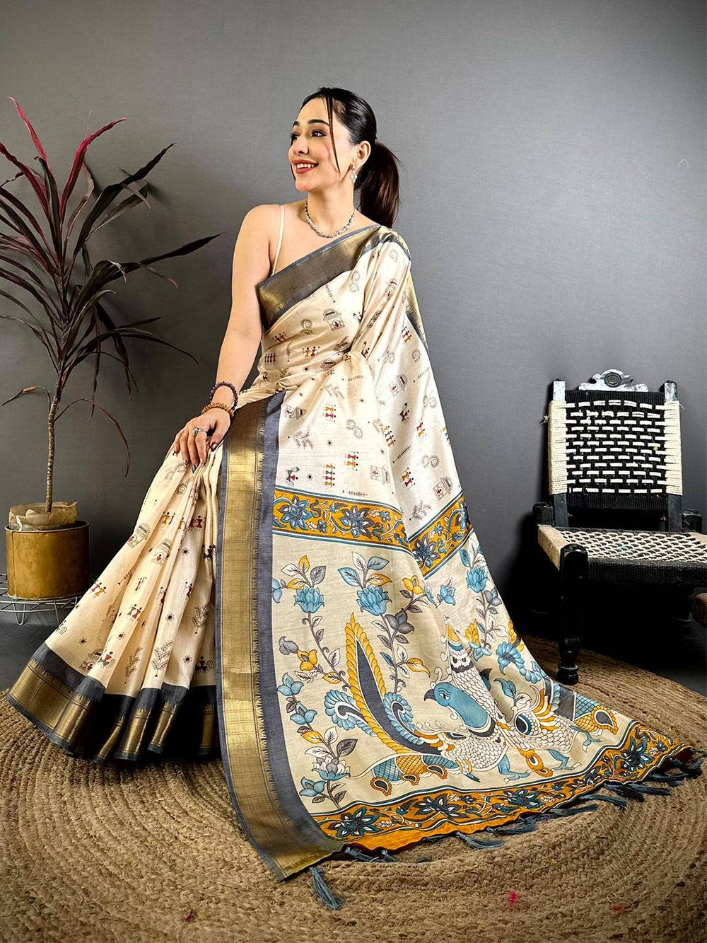 Black Soft Dola Silk Warli Print Saree