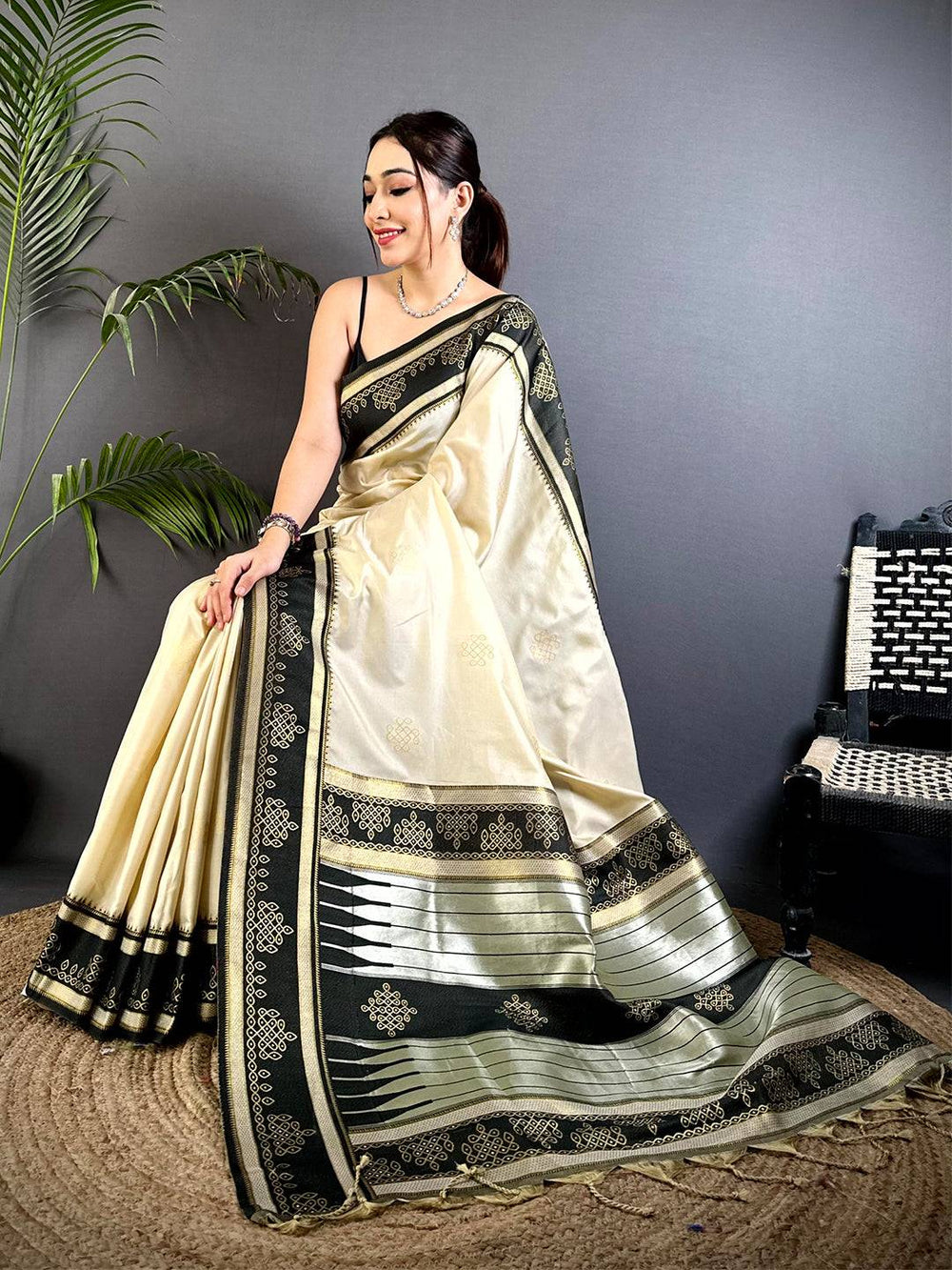 Cream Soft Silk Ikkat Kolam Saree