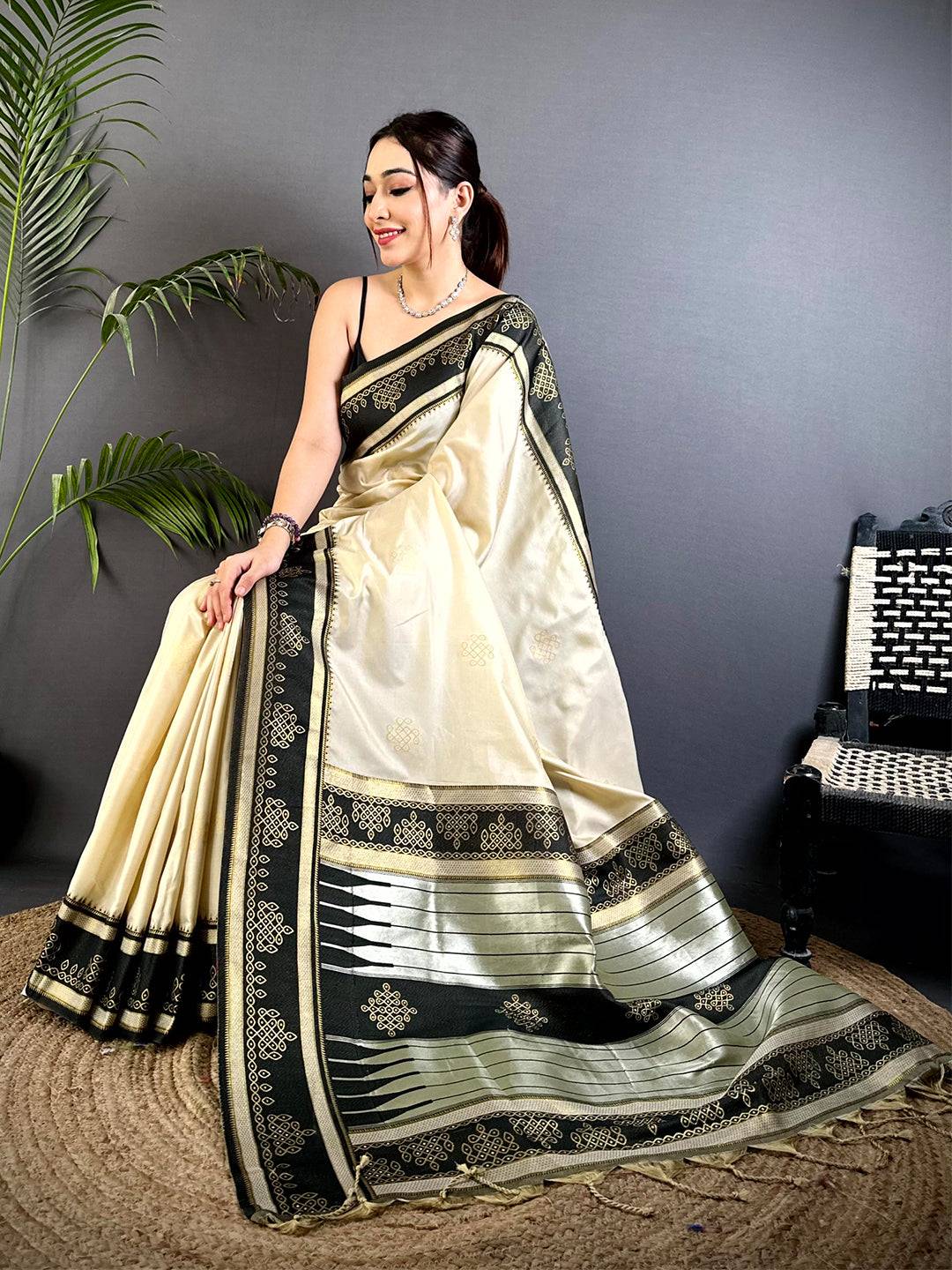 Cream Soft Silk Ikkat Kolam Saree