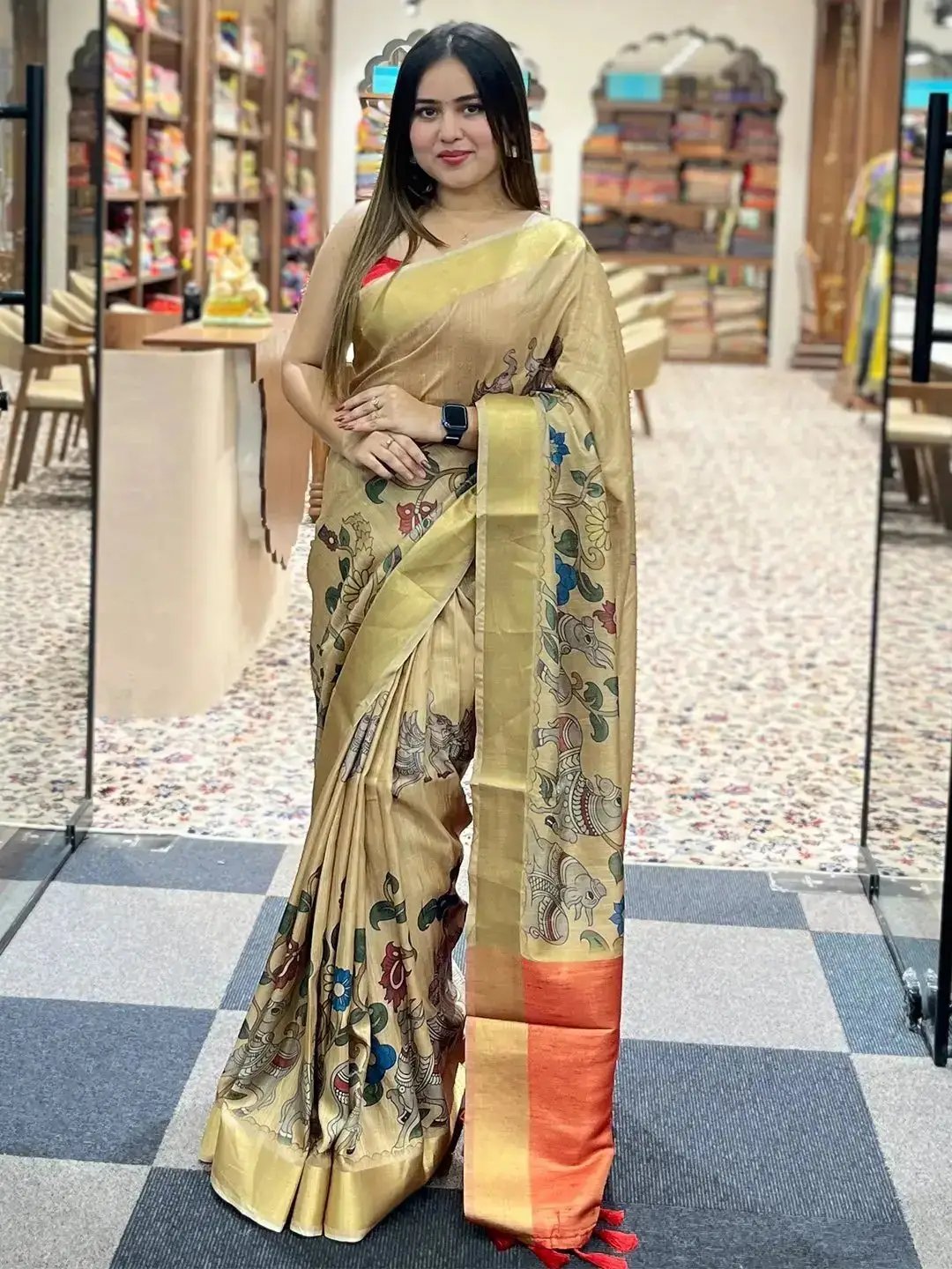 Beautifully draped Pen Kalamkari Linen Tissue Soft Saree in store