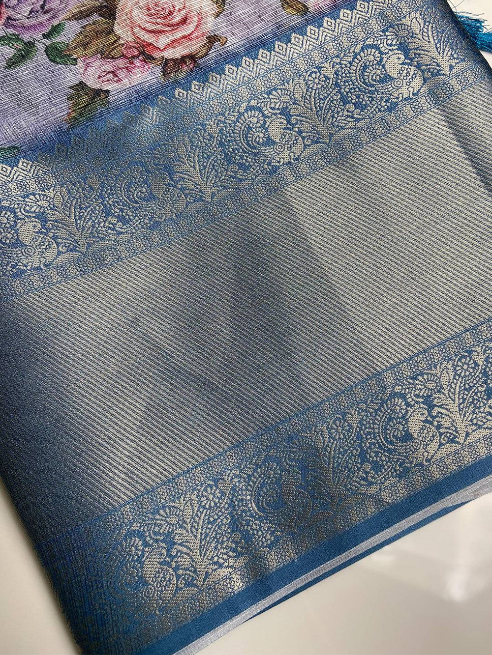 Gold zari border on lavender Kota Doriya saree with floral print