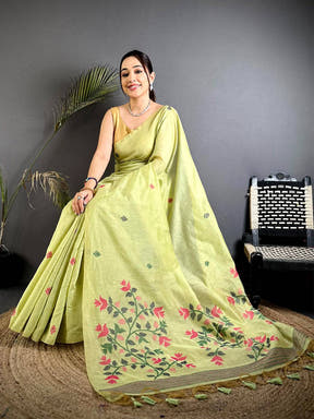 Pista Jamdani Pallu Khadi Linen Saree


