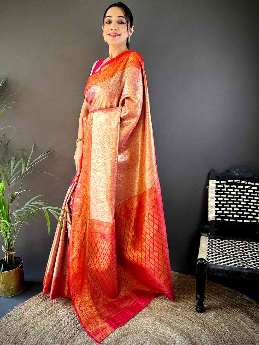 Gold Zari Floral Saree in Pink